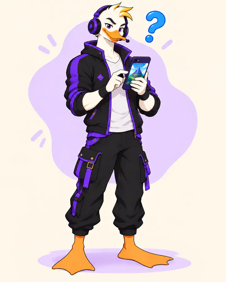 Captain Quackquake looking at a smartphone with a question mark