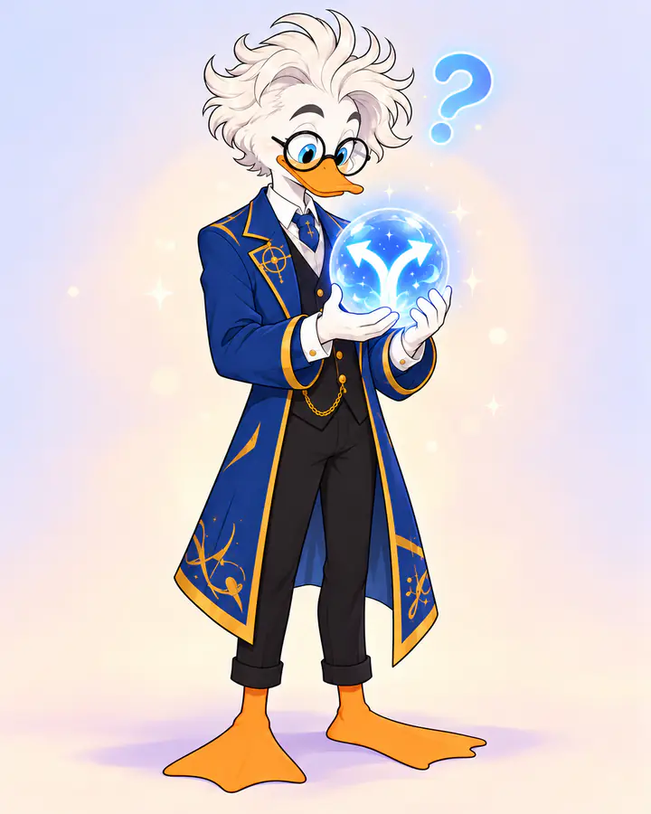 Professor Quackstradamus holding a glowing crystal ball with a question mark