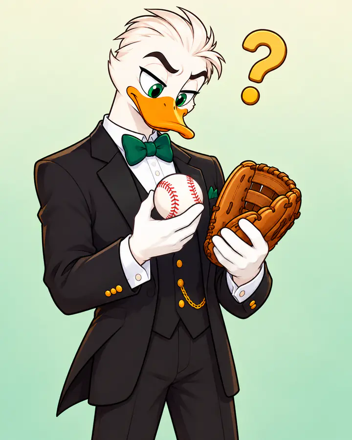 Mr. Quackington holding a baseball and glove with a question mark