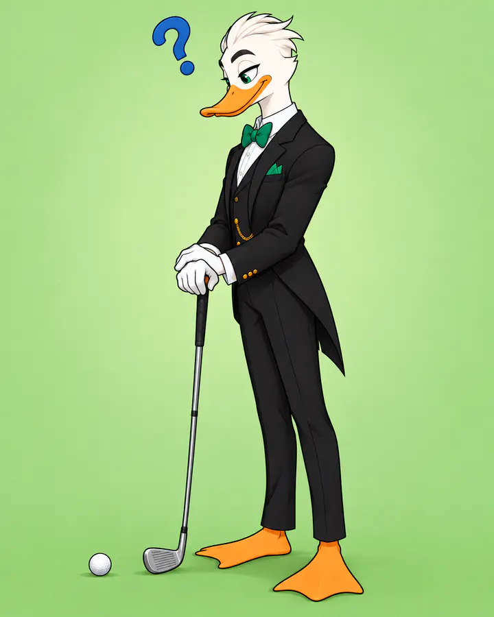 Mr. Quackington leaning on a golf club next to a golf ball