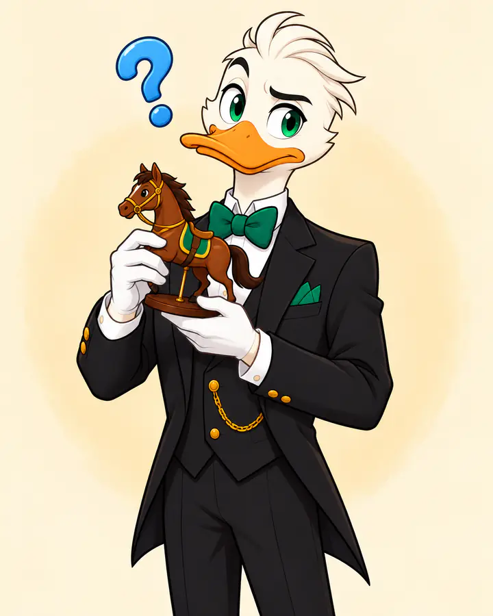 Mr. Quackington holding a toy racehorse with a question mark
