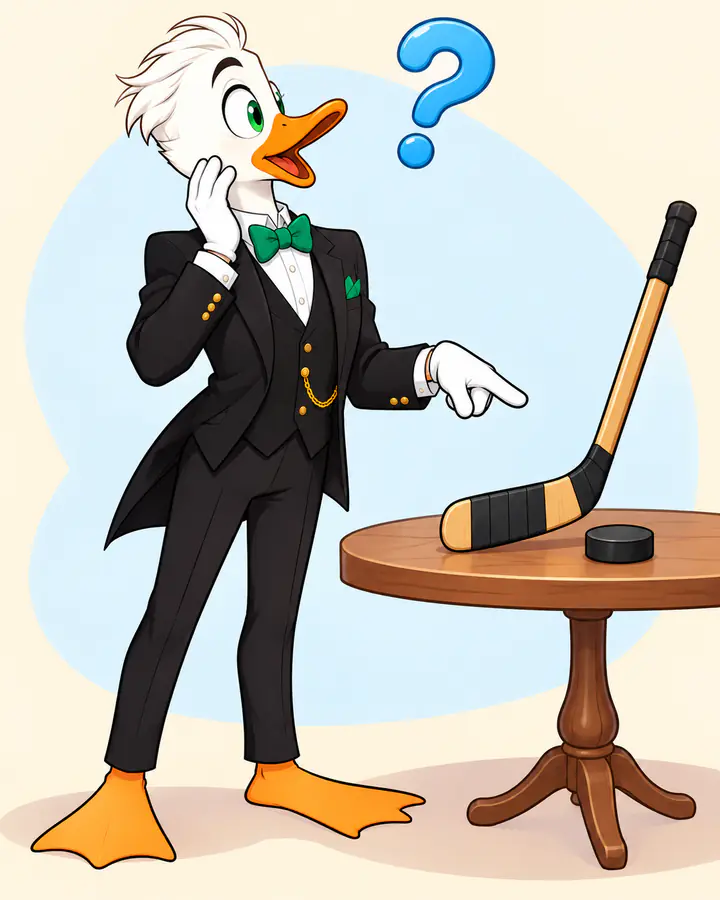 Mr. Quackington pointing at a hockey stick and puck on a small table