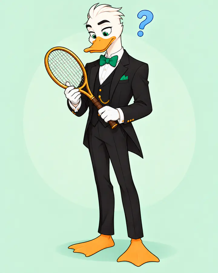 Mr. Quackington holding a tennis racket with a question mark