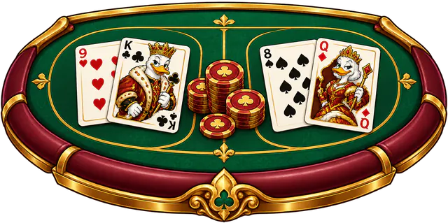 Baccarat table with duck king and queen cards and a pile of chips