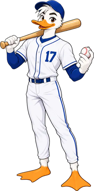 Duck baseball player in a white pinstripe uniform resting a bat on his shoulder