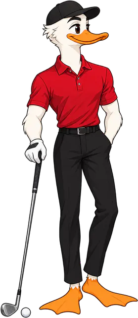 Duck golfer in a red polo shirt leaning on a golf club