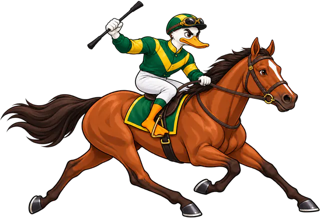 Duck jockey in green and yellow silks riding a galloping racehorse