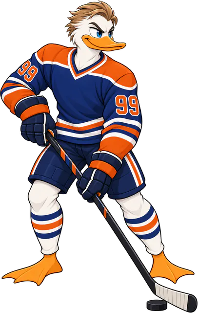 Duck ice hockey player in a blue and orange number 99 jersey with a stick