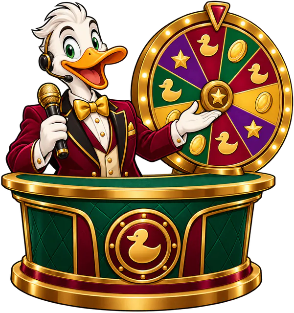 Duck game show host in a red tuxedo with a microphone beside a money wheel