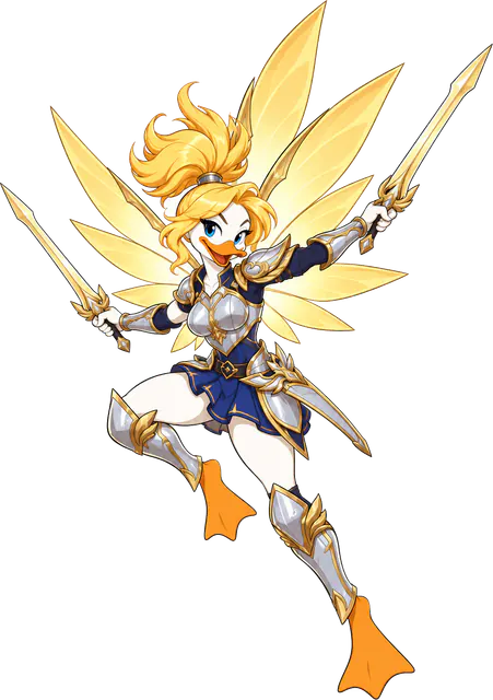 Winged duck warrior in silver armour with golden blades, Mobile Legends style
