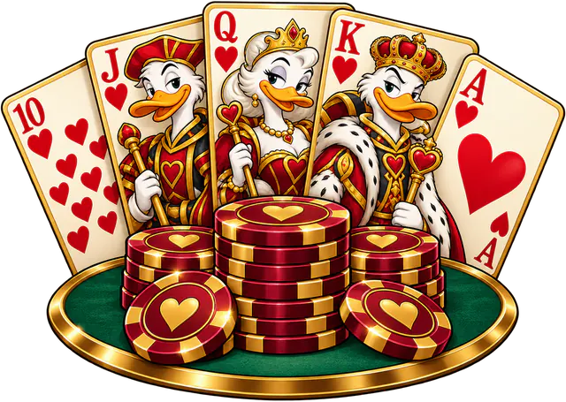 Royal flush of hearts with duck royals and towers of poker chips
