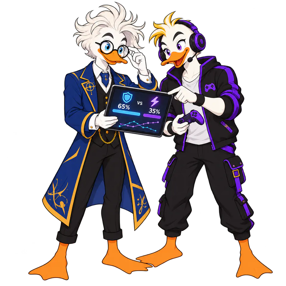 Professor Quackstradamus and Captain Quackquake reading esports prediction market odds on a tablet