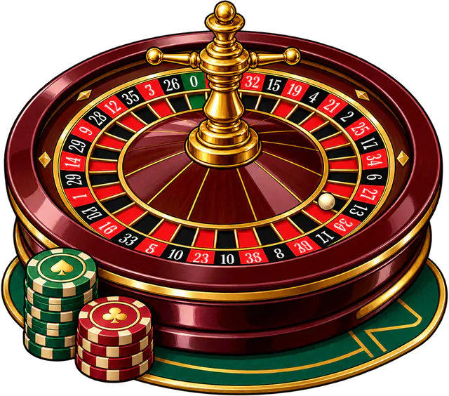 Roulette wheel with stacks of casino chips