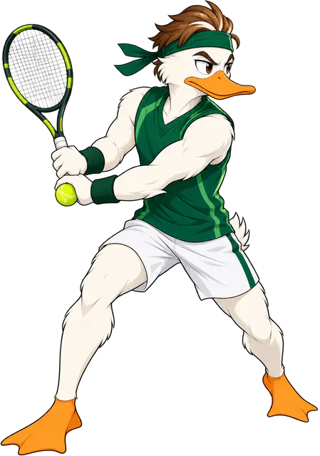 Duck tennis player in a headband swinging a racket at a ball