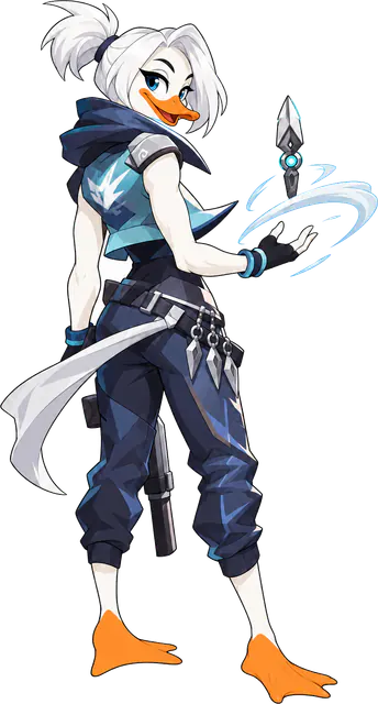 Duck agent in a blue hooded outfit holding a throwing knife, Valorant style