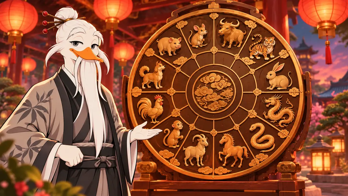 Quackimoto Sensei beside a large wooden wheel carved with the twelve Chinese zodiac animals, red lanterns above