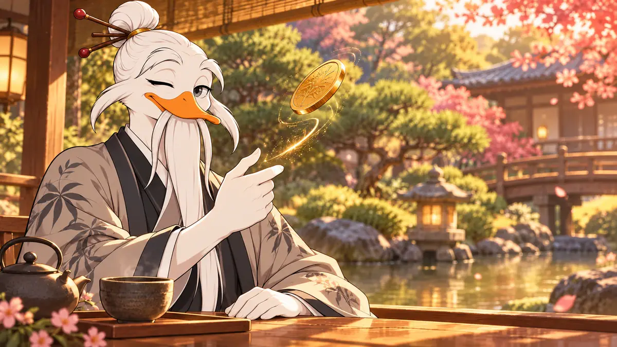 Quackimoto Sensei flicking a golden coin into the air in a tea-house garden
