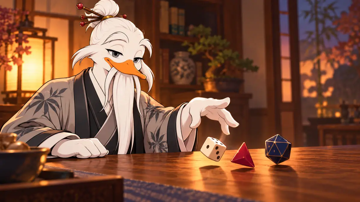 Quackimoto Sensei rolling a cube, a red pyramid and a blue twenty-sided die across a wooden table