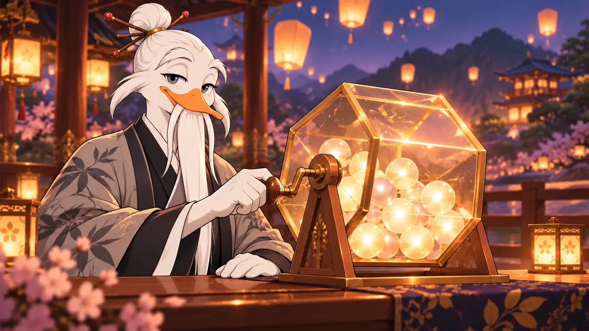 Quackimoto Sensei turning the crank of a glass lottery drum full of glowing balls, with floating lanterns behind him