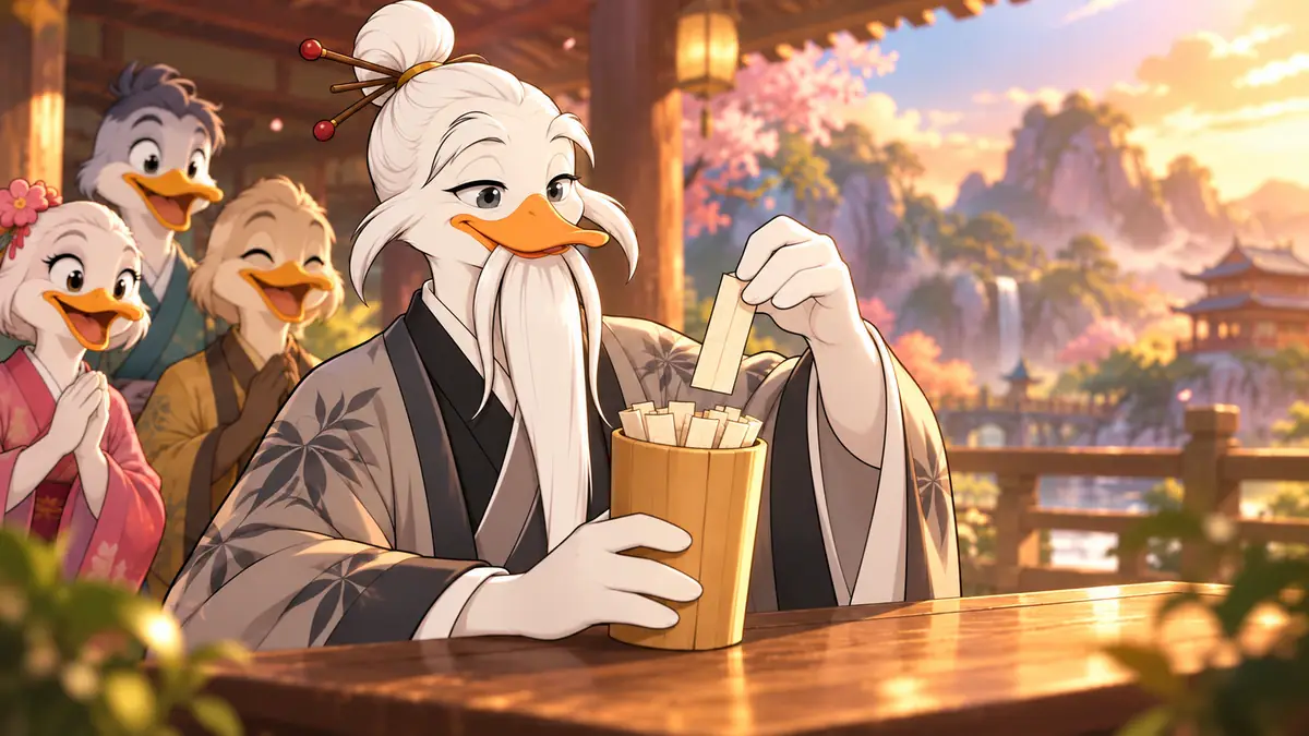 Quackimoto Sensei drawing a paper slip from a bamboo cup while three duck friends watch