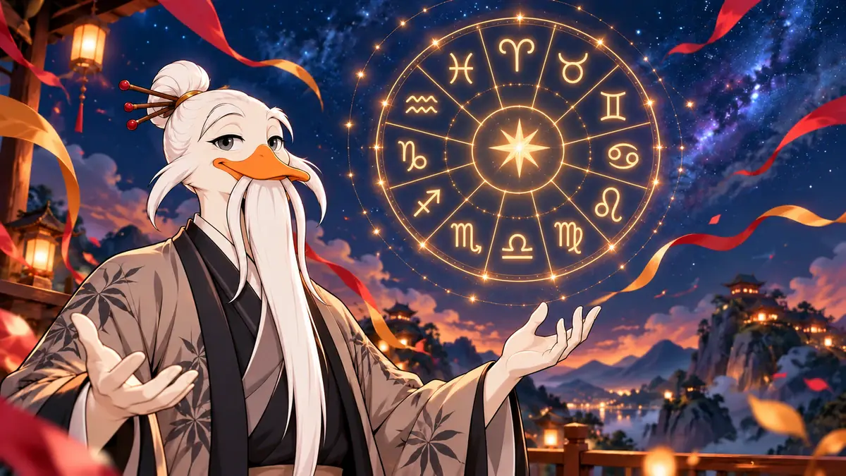 Quackimoto Sensei with open hands under a starry sky and a glowing wheel of twelve zodiac symbols