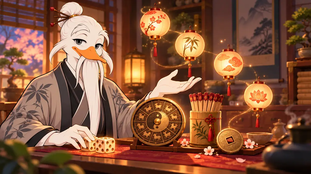 Quackimoto Sensei at his tea-house desk with floating lanterns, a zodiac disc, a cup of fortune sticks, dice and a coin
