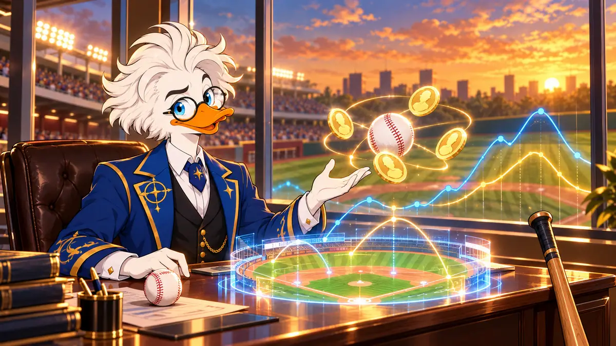 Professor Quackstradamus with a holographic baseball diamond and glowing contracts, for MLB Prediction Markets