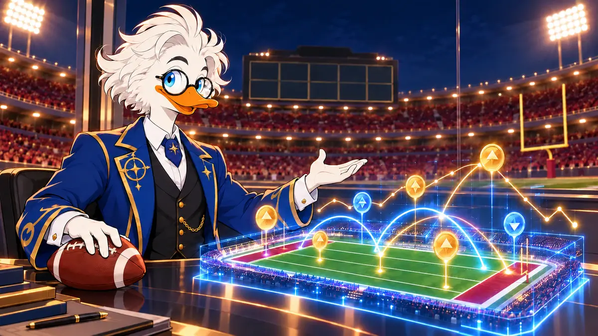 Professor Quackstradamus with a holographic football field and glowing contracts, for NFL Prediction Markets