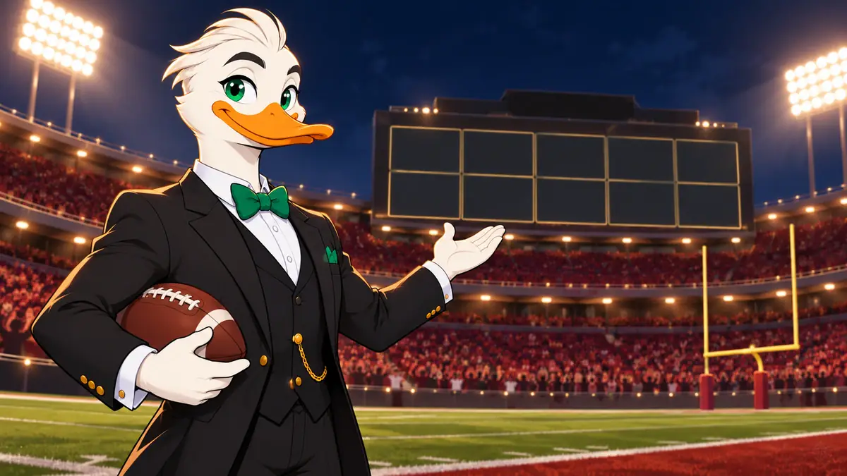 Mr. Quackington on the sideline of an American football stadium at night, holding a football, for NFL Betting