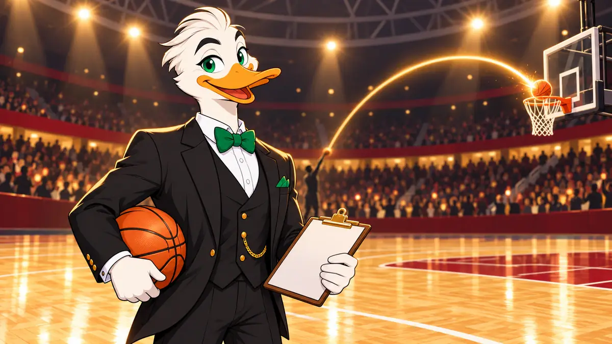 Mr. Quackington in a basketball arena with a glowing shot arc, for NBA Betting